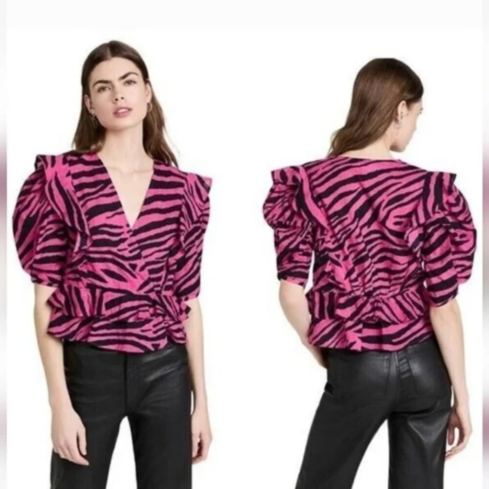 ** RAHI pink and black zebra print Diana puff sleeve crop top**